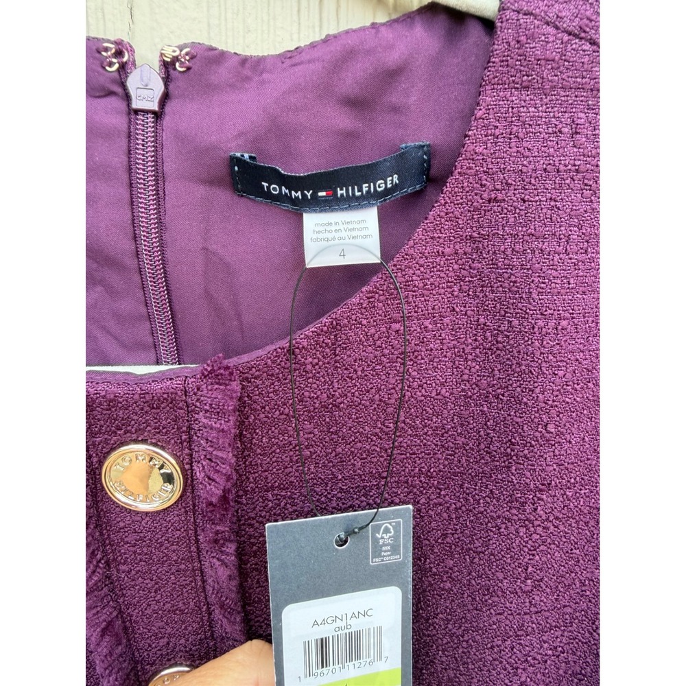 tommy hilfiger tweed dress 4 nwt gold button purple fringe work sheath preppy - Picture 4 of 9